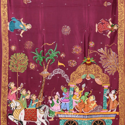 Wine Color Mathura Vijay Theme Hand-Painted Pattachitra Saree