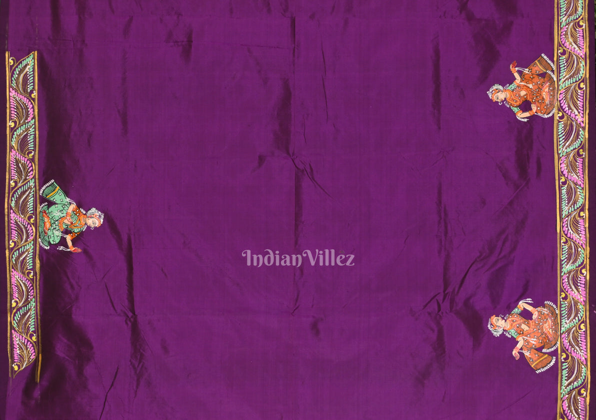 Violet Radha Krishna Boita Hand-Painted Pattachitra Saree