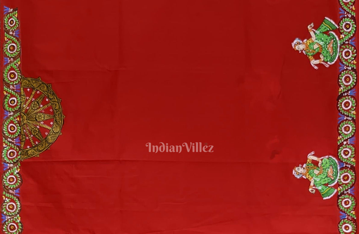 Blue Red Nataki Konark Temple Hand-Painted Pattachitra Saree