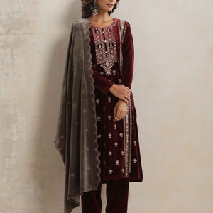 trueBrowns Maroon Velvet Embroidered Kurta Pant Dupatta Set