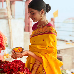 Mango Yellow Handloom Kanchipuram Korvai Silk Saree With Annam Chakaram Buttas