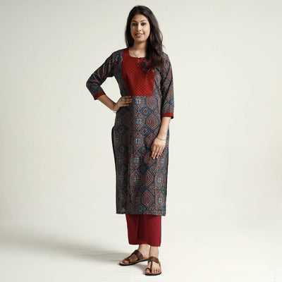 Blue - Ajrakh Block Printed Cotton Kurta with Palazzo Set