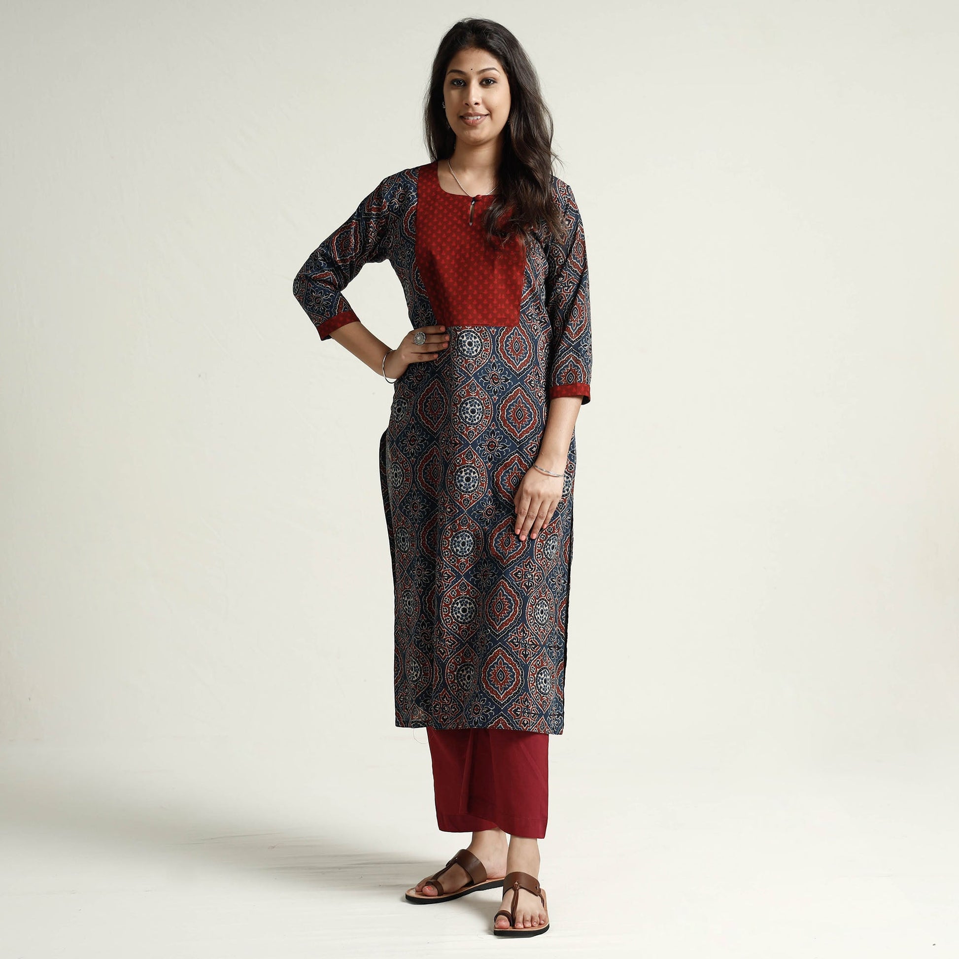 Blue - Ajrakh Block Printed Cotton Kurta with Palazzo Set