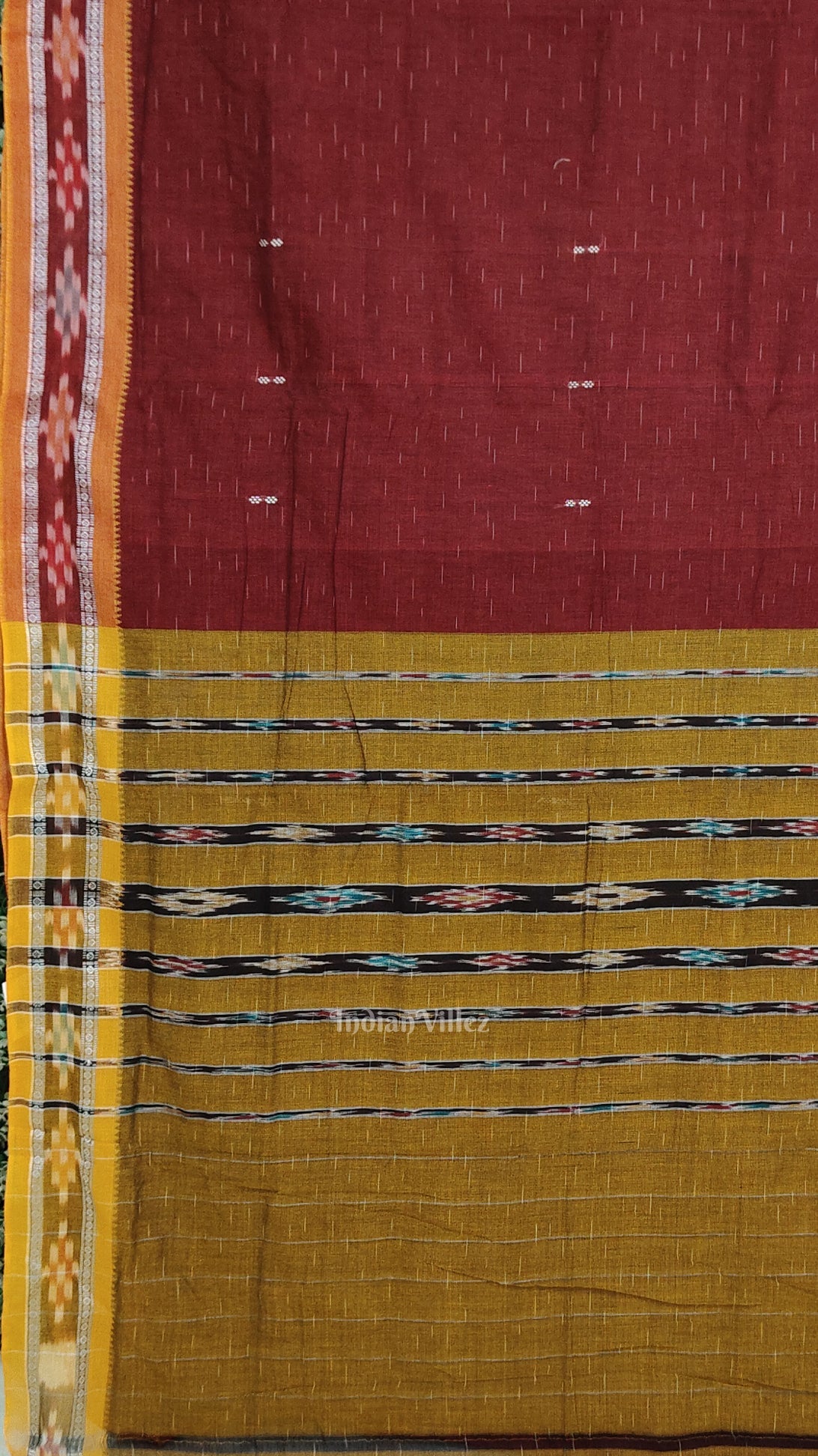 Maroon Yellow Odisha Ikat Maniabandha Cotton Saree