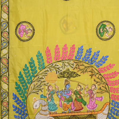 Lemon Yellow Radha Krishna Boita Theme Hand- Painted Pattachitra Saree