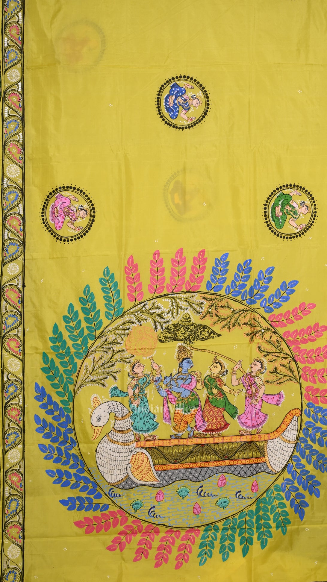 Lemon Yellow Radha Krishna Boita Theme Hand- Painted Pattachitra Saree