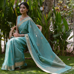 Turquoise Handloom Kanchi Cotton Saree With Annam Buttas
