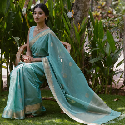 Turquoise Handloom Kanchi Cotton Saree With Annam Buttas