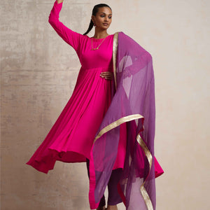 trueBrowns Pink Crinkle Anarkali Kurta Pant Dupatta Set