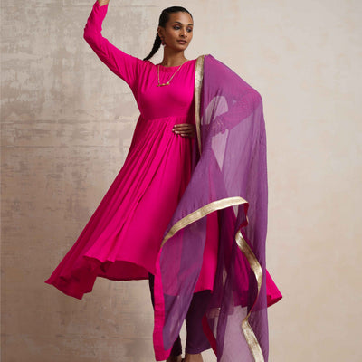 trueBrowns Pink Crinkle Anarkali Kurta Pant Dupatta Set