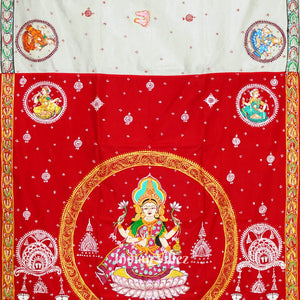 White Manabasa Laxmi Puja Theme Hand-Painted Pattachitra Saree