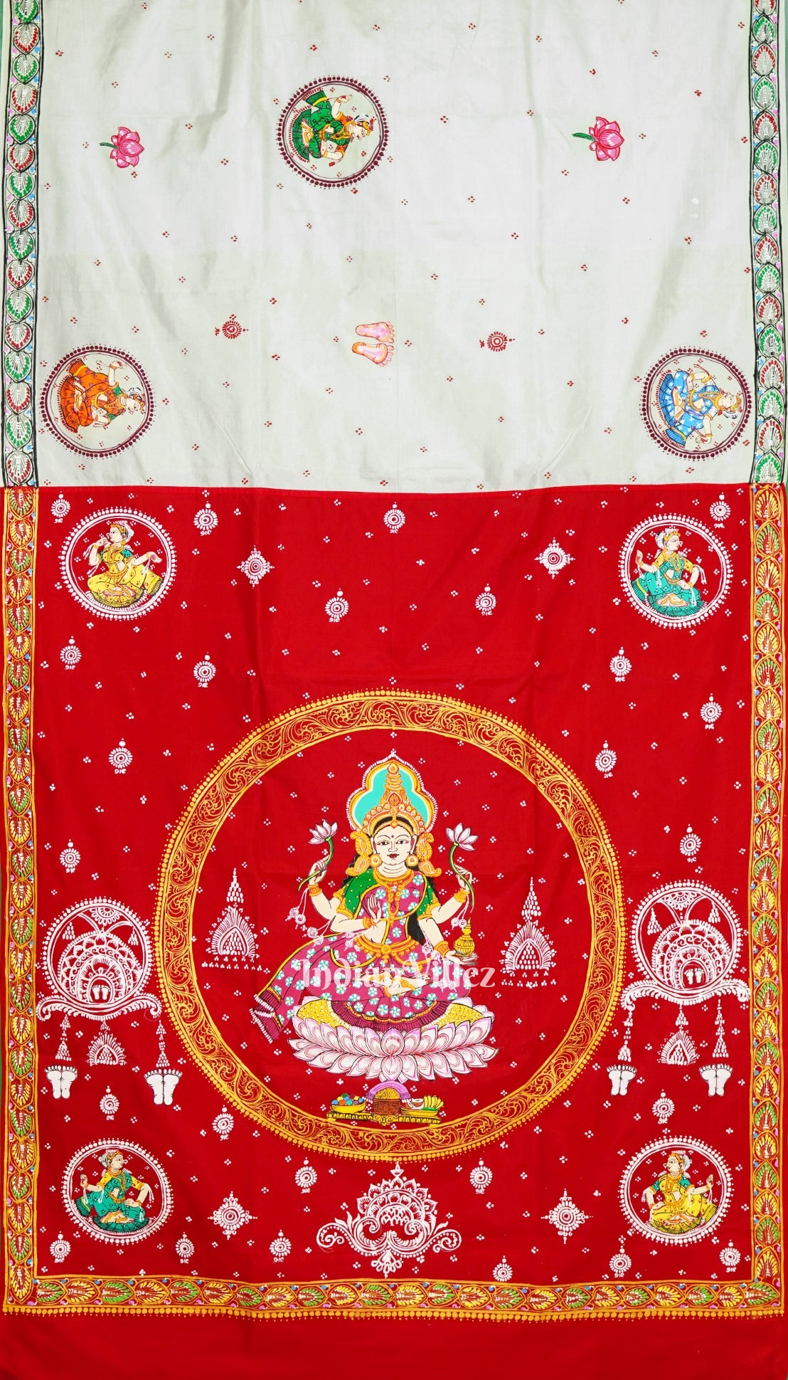 White Manabasa Laxmi Puja Theme Hand-Painted Pattachitra Saree