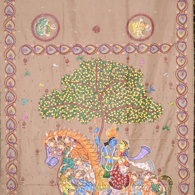 Natural Tussar Kandarpa Ashwa Hand-Painted Pattachitra Saree