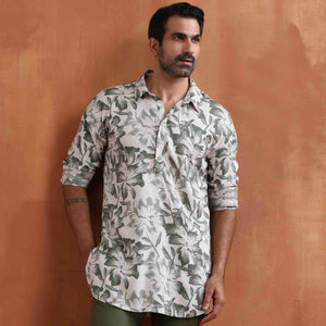 trueBrowns Men's Off White Printed Short Kurta