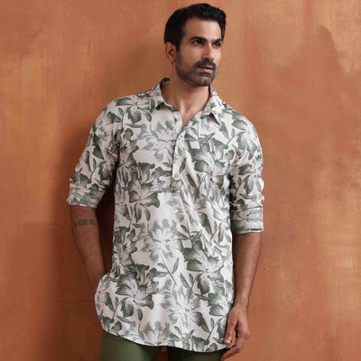 trueBrowns Men's Off White Printed Short Kurta
