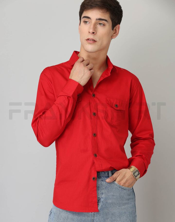 Frankshirt Double Pocket Red Solid Tailored Fit Cotton Casual Shirt for Man