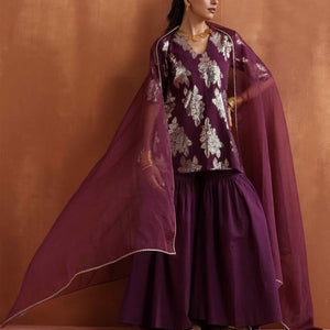 trueBrowns Purple Metallic Sharara Dupatta Set
