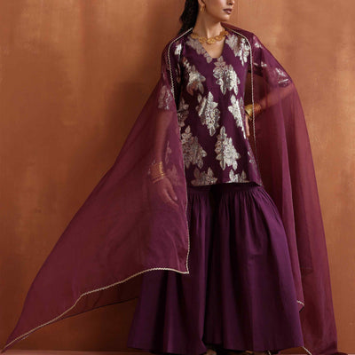 trueBrowns Purple Metallic Sharara Dupatta Set