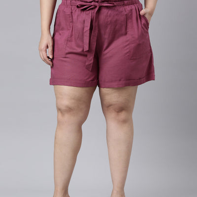 Women Solid Plum High Rise Linen Shorts