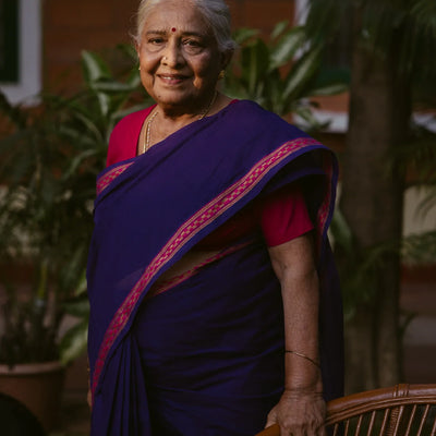 Violet Handloom Venkatagiri Cotton Saree With Border in a checkered pattern