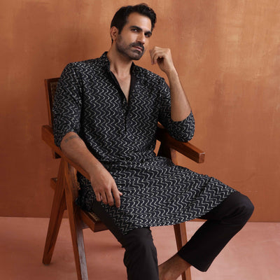 trueBrowns Men's Black Cotton Dobby Kurta