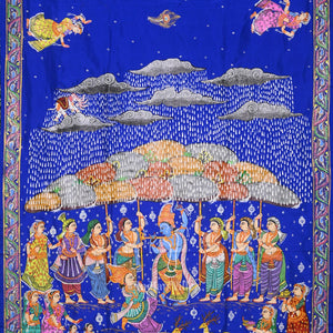 Blue Giri Govardhan Hand-Painted Pattachitra Saree