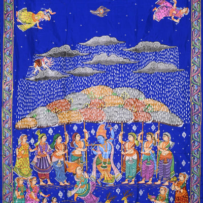 Blue Giri Govardhan Hand-Painted Pattachitra Saree