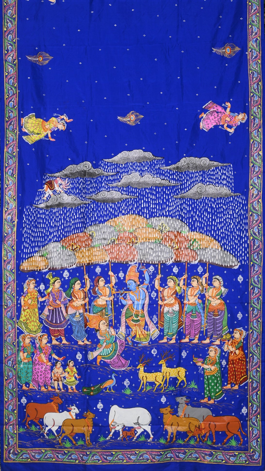 Blue Giri Govardhan Hand-Painted Pattachitra Saree