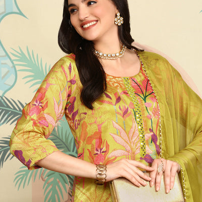 Yellow Floral Printed Straight Kurta With Trousers & Dupatta