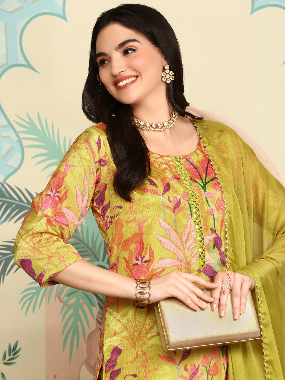 Yellow Floral Printed Straight Kurta With Trousers & Dupatta