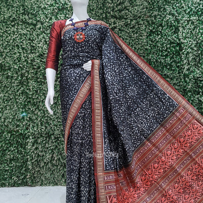 Exclusive Black Red Floral Theme Sambalpuri Silk Saree