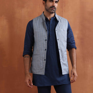 trueBrowns Men's Blue Chanderi Reversible Nehru Jacket