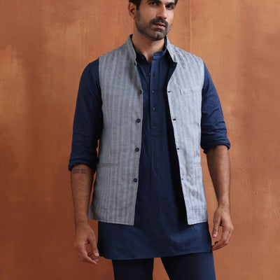 trueBrowns Men's Blue Chanderi Reversible Nehru Jacket