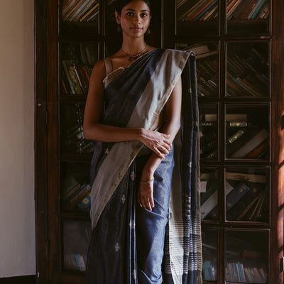 Dark Grey Handloom Bengal Cotton Tissue saree With Zari stripes and Floral (Phool) Buttis