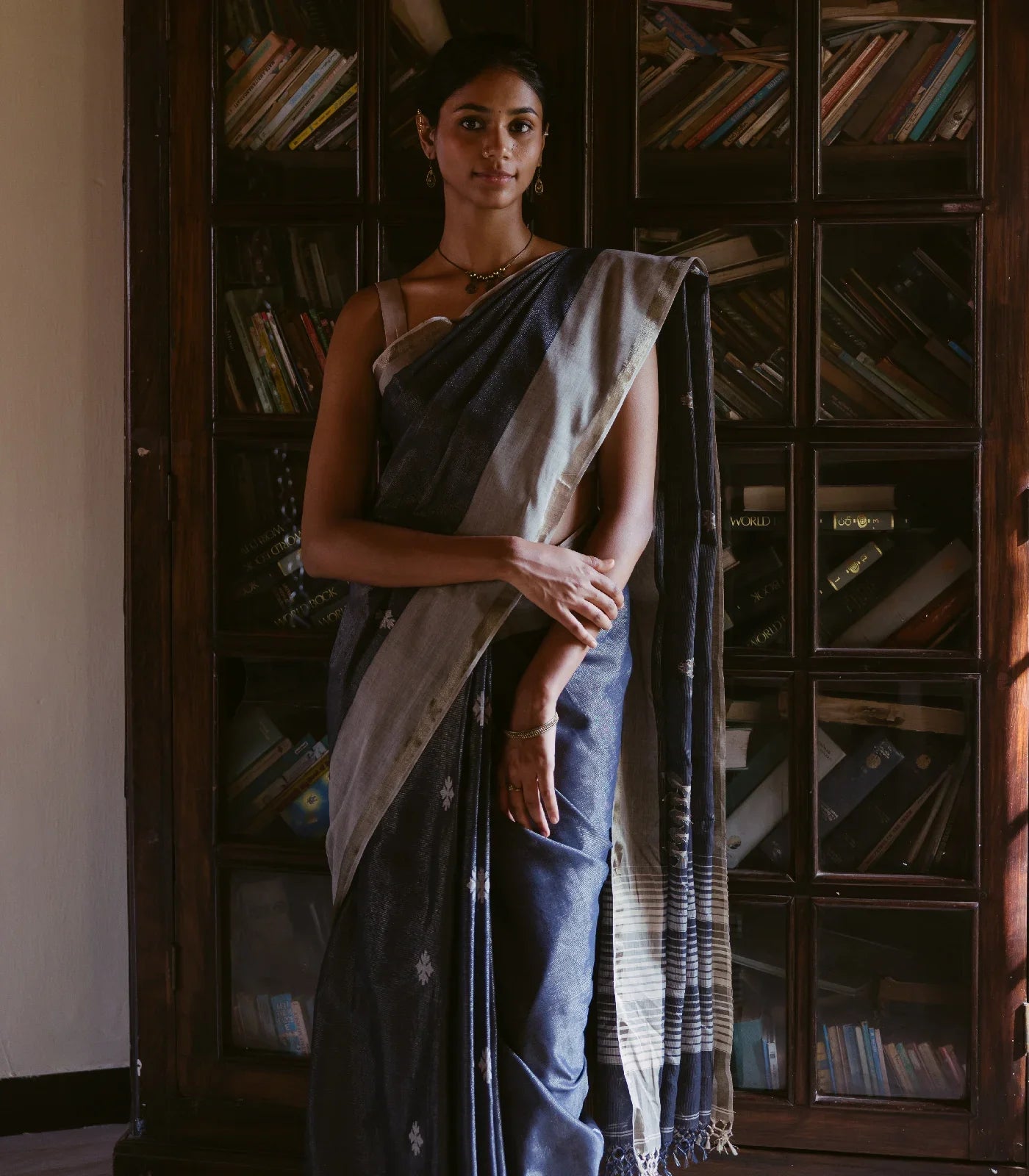 Dark Grey Handloom Bengal Cotton Tissue saree With Zari stripes and Floral (Phool) Buttis