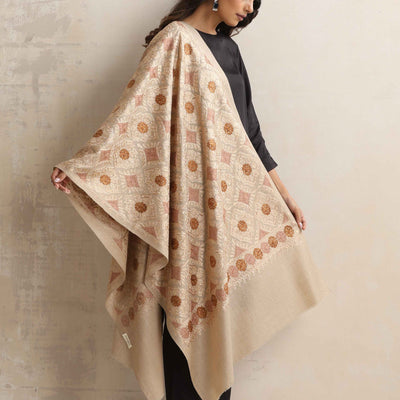 trueBrowns Beige Embroidered Woollen Stole