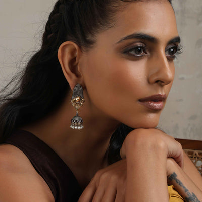trueBrowns Silver Gold Tone Jhumka Earrings