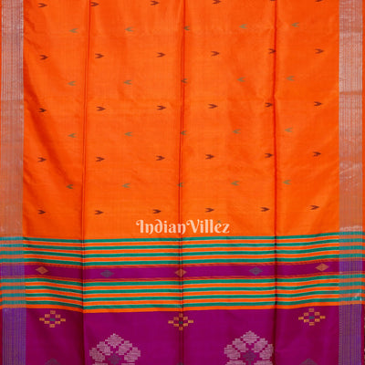 Rani With Golden Orange Handwoven Bishnupuri Silk Saree