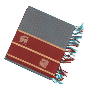 Grey Handloom Silk Cotton Saree With Checks & Maroon Border