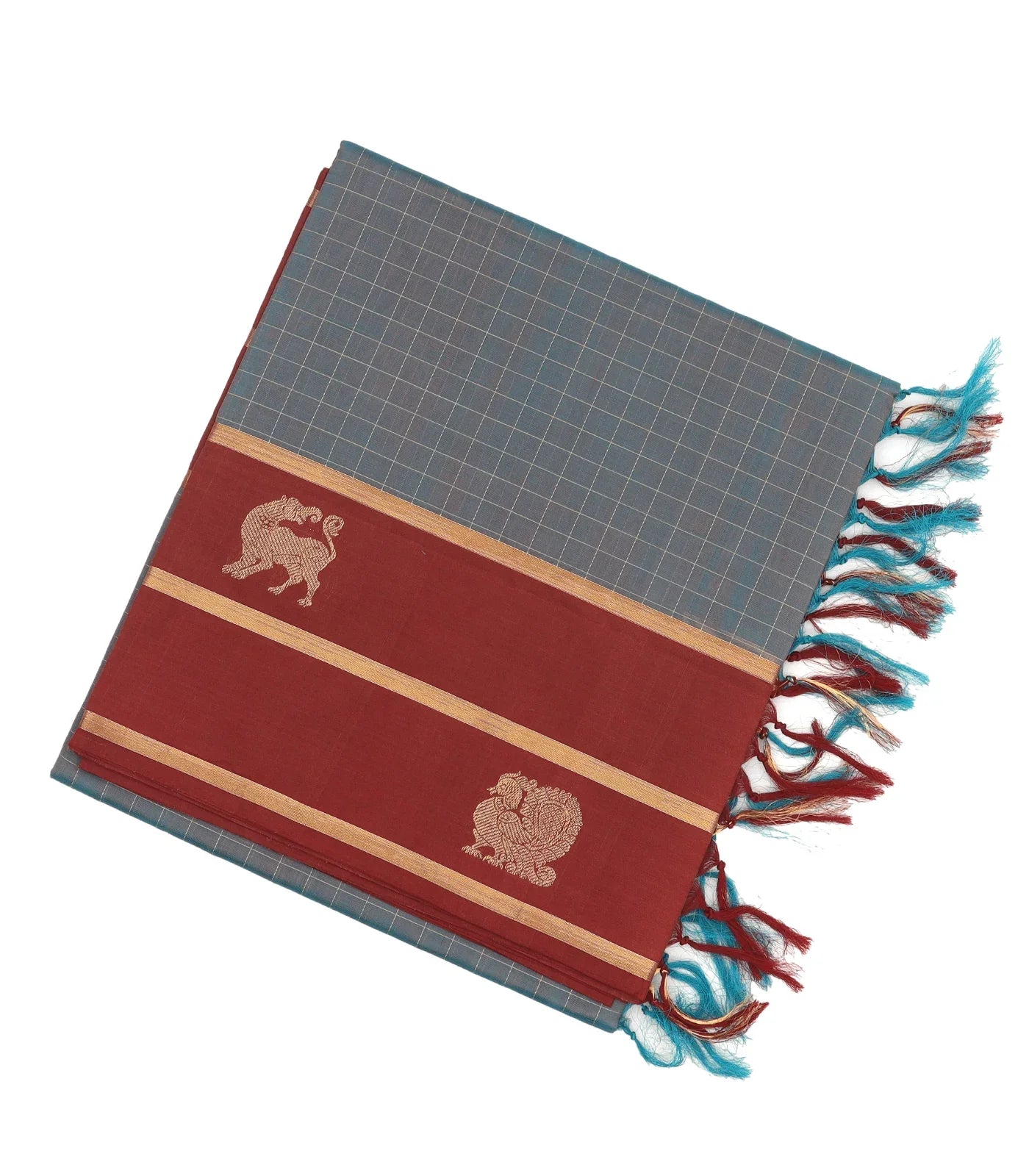 Grey Handloom Silk Cotton Saree With Checks & Maroon Border