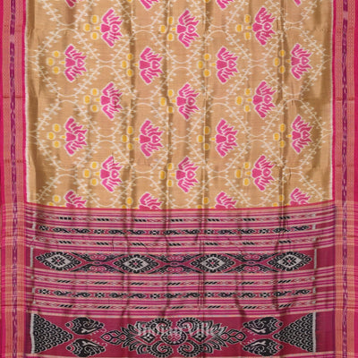 Yellow Cream Lotus Theme Khandua Silk Saree