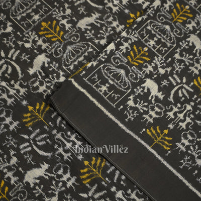Black Tribal Theme Sambalpuri Ikat Cotton Fabric