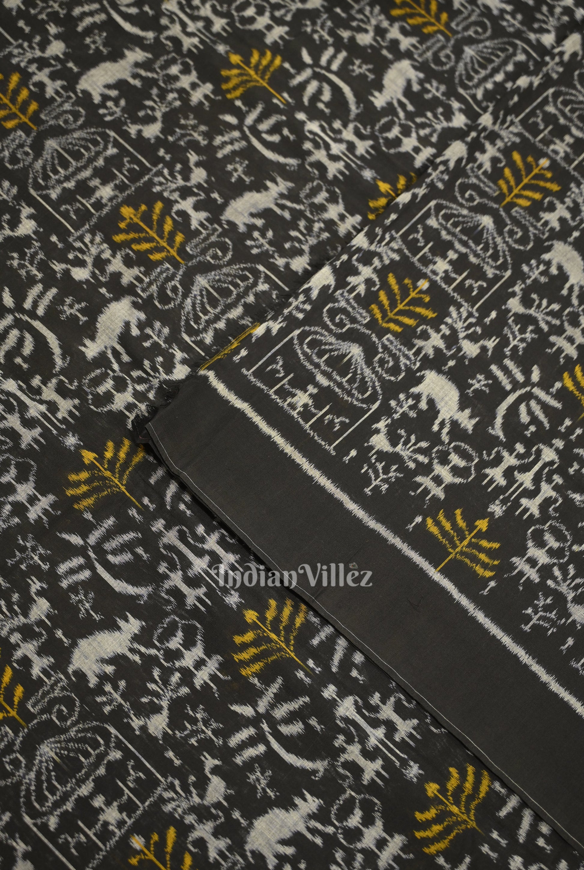 Black Tribal Theme Sambalpuri Ikat Cotton Fabric