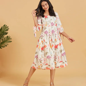 White Multicolour printed floral A-line Dress