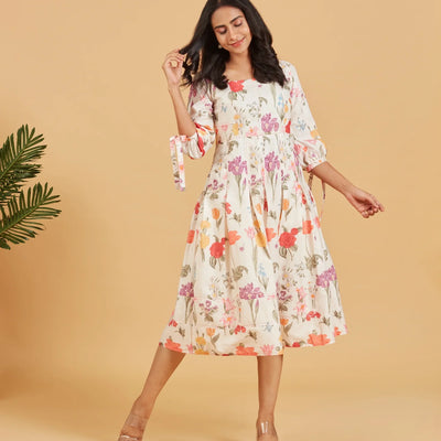 White Multicolour printed floral A-line Dress