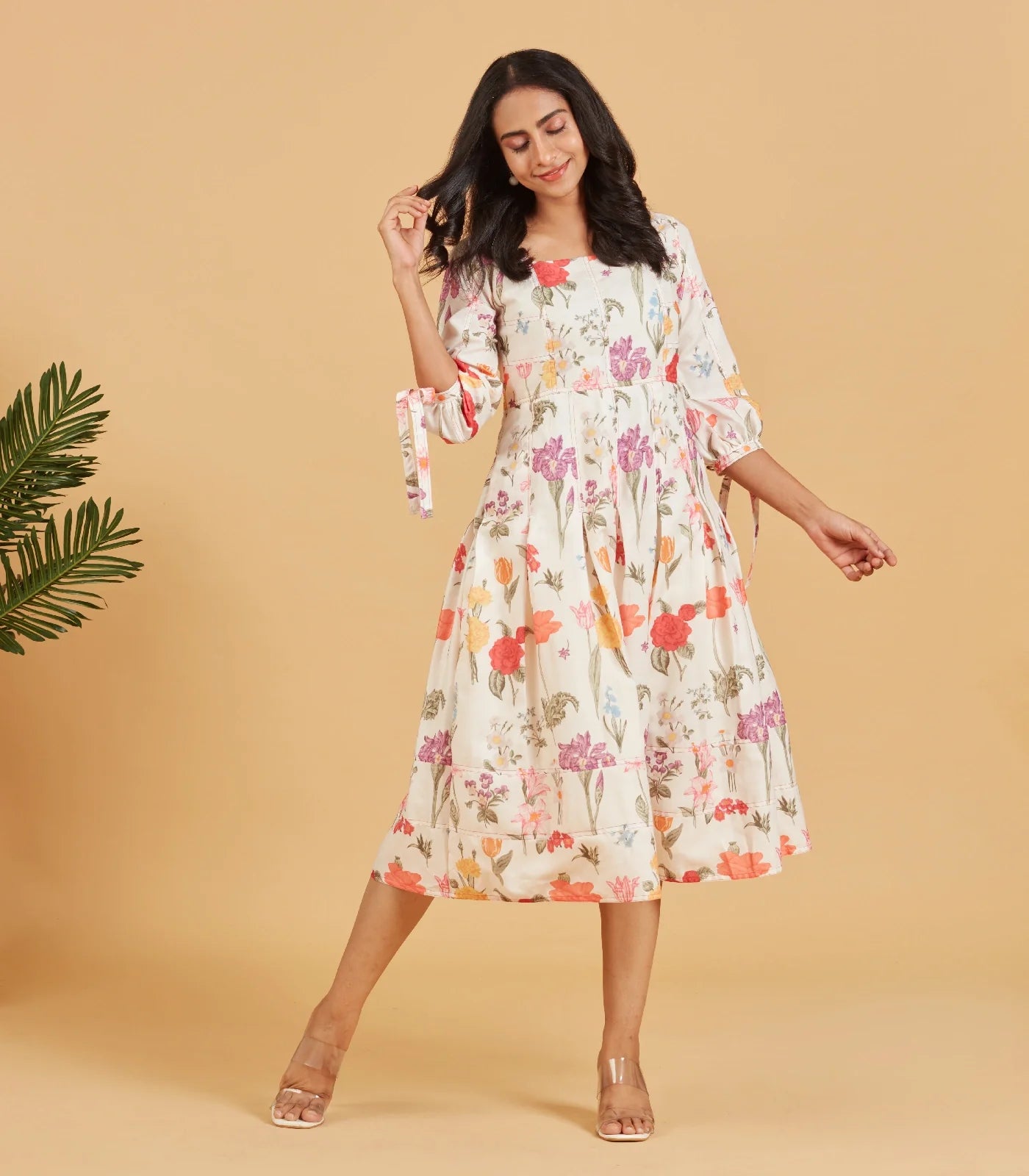White Multicolour printed floral A-line Dress