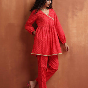 trueBrowns Red Print Angrakha Co-ord Set
