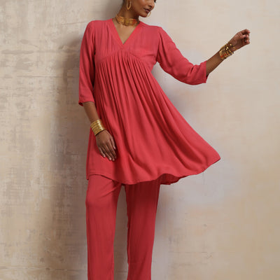 trueBrowns Peach Crinkle Flared Kurta Co-ord Set