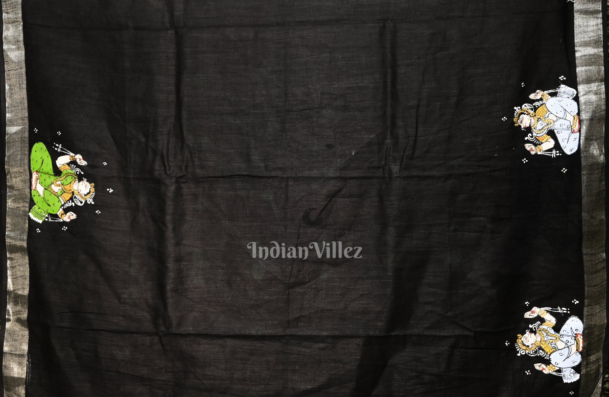 Black Radha Krishna Rasa Theme Hand-Painted Pattachitra Saree