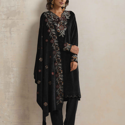 trueBrowns Black Velvet Floral Embroidered Kurta Pant Dupatta Set